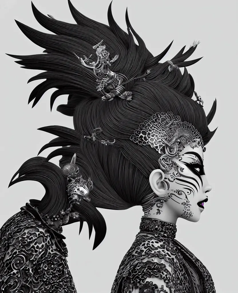 Image similar to 3 d goddess close - up profile portrait punk with mohawk with ram skull. beautiful intricately detailed japanese crow kitsune mask and clasical japanese kimono. betta fish, jellyfish phoenix, bio luminescent, plasma, ice, water, wind, creature, artwork by tooth wu and wlop and beeple and greg rutkowski