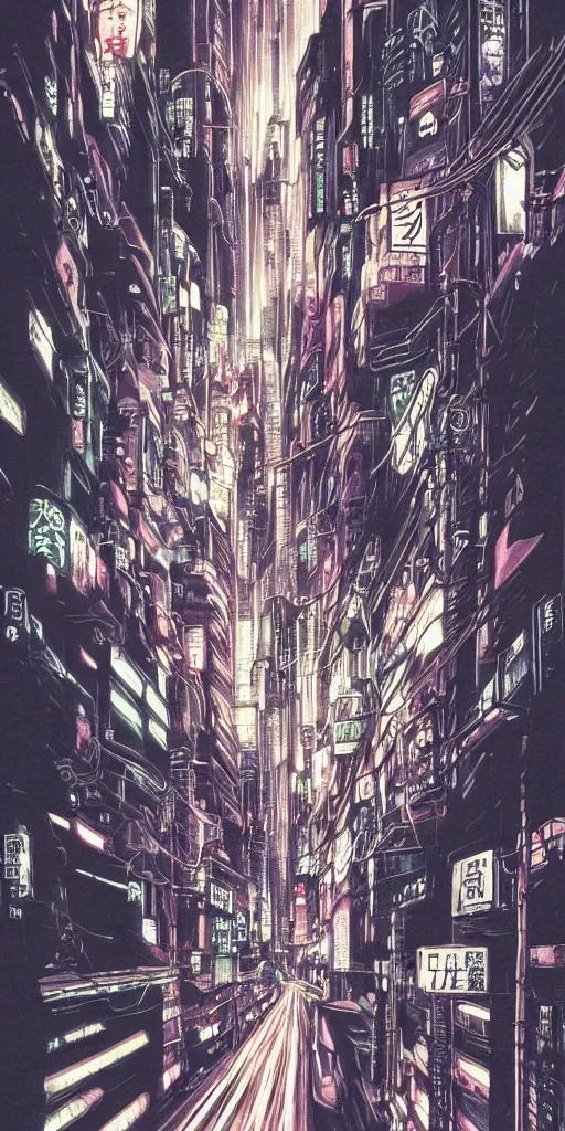 Image similar to beautiful and detailed anime drawing of an GHOST IN THE SHELL-like cyberpunk city landscape with light trail from a motorcycle at the bottom and a bridge silhouette at the top, japan at night, 1980s, by Katsuhiro Otomo and mamoru oshii, wide angle, worm\'s eye view, grand, clean, colorful