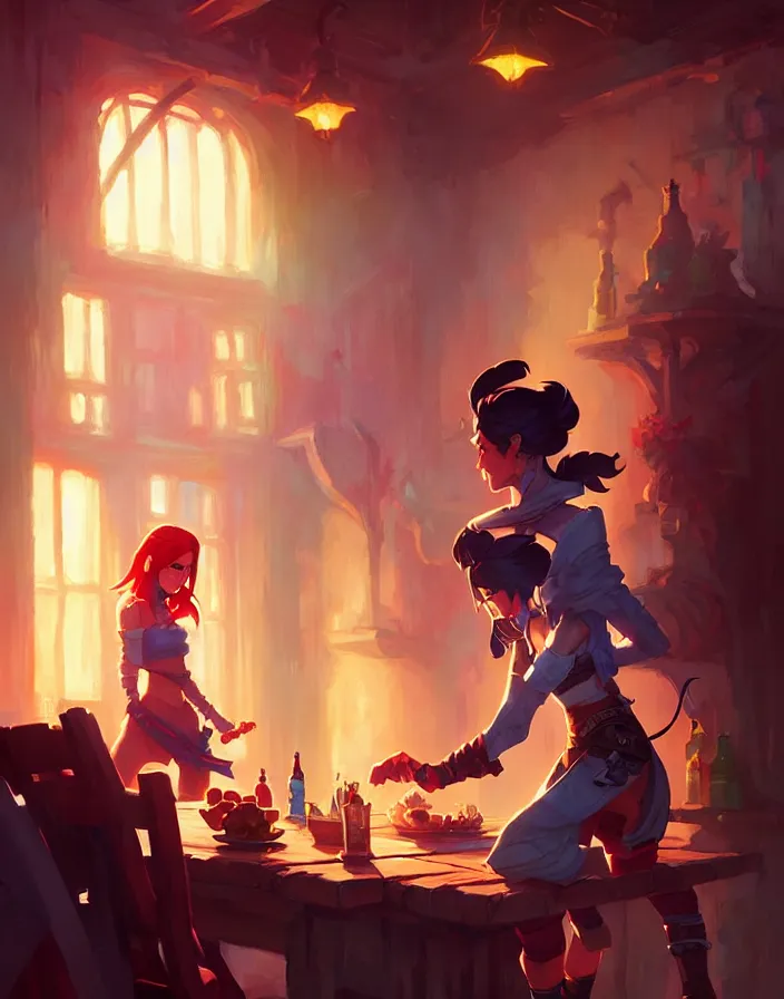 Prompt: super epically realized digital art depicting a rogue in a tavern, by stephen bliss, greg rutkowski, loish, rhads, makoto shinkai and lois van baarle, ilya kuvshinov, rossdraws.