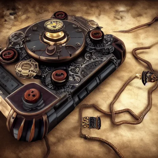 Prompt: steampunk playstation console with hand controls, steam, lights, Insanely detailed and intricate, clean photorealistic realistic, hyper-realistic, super detailed, realistic octane render, 8K, hd wallpaper