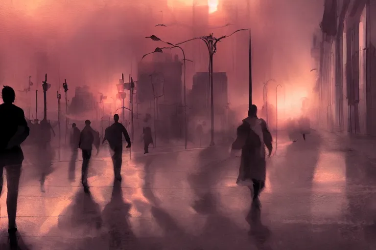 Prompt: artstation, concept art, dramatic lighting, bucharest, sunset, mist, people on the streets, rule of thirds, composition, atmospheric