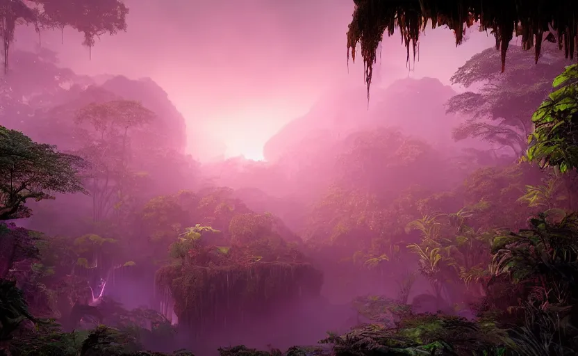 Image similar to a beautiful render of a dark prehistoric rainforest in a humongous cave, lush flora, patches of yellowish - red - magenta sky, sunset lighting, fireflies, floating mountains and a waterfall in the background, intricate detail, hazy, humid, volumetric lighting, god rays, 8 k, photorealistic, raytracing effects, unreal engine 5