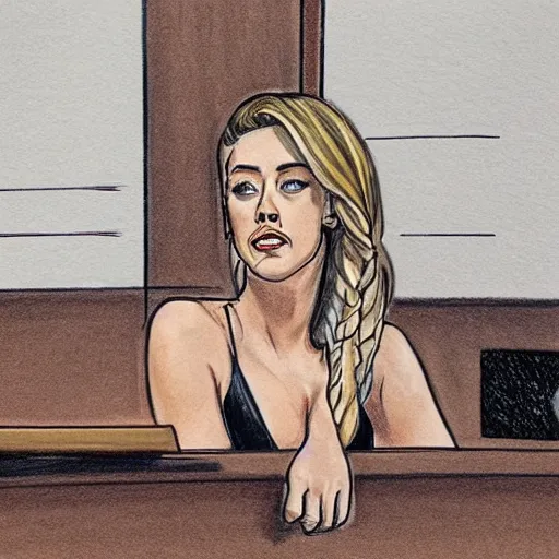 Image similar to courtroom sketch of amber heard squatting on top of a bed, a brown object is underneath her