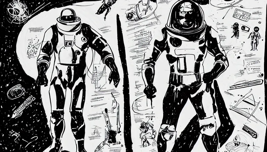 Image similar to male, heroic figure, space suit, science fiction, sketch, character sheet, very stylized, upa style, digital art, illustration, pen and ink, by mike mignola, by alex maleev