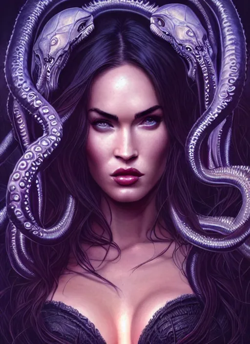 Image similar to megan fox captured by lovecraftian tentacles, intricate, elegant, glowing lights, highly detailed, digital painting, artstation, glamor pose, concept art, smooth, sharp focus, illustration, art by artgerm and greg rutkowski, artey freytag