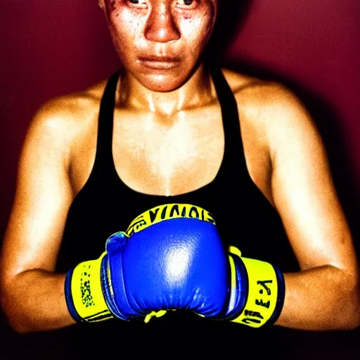 Image similar to close up portrait of woman boxer after boxing with brews blood sweating, photography photojournalism, very grainy image, neon light, 80mm lens, close up portrait polaroid