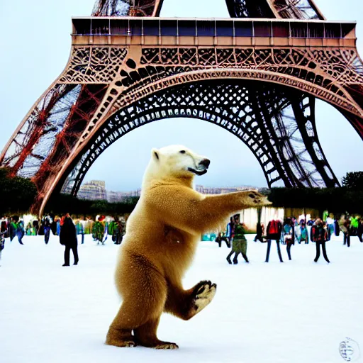 Image similar to a polar bear dancing by the eiffel tower