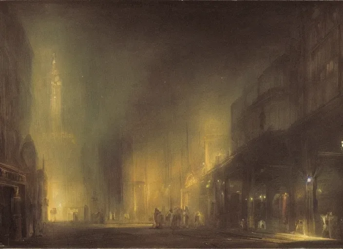 Image similar to 1 9 th century london, art by thomas lawrence, robert rubert and john martin, dark, night, gas lights, floor fog, coherent composition,