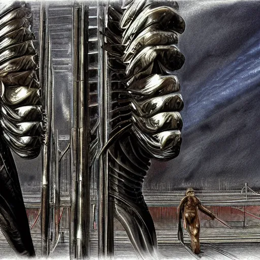 Image similar to a couple of humans walking across a metallic bridge, h. r. giger digital painting