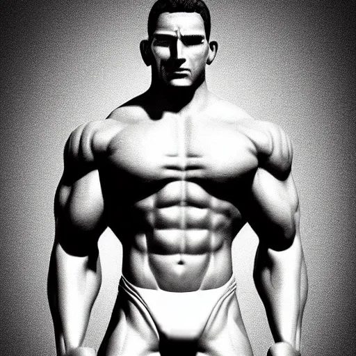 Image similar to a realistic detailed photo of a bodybuilder who is also a male android, Chris Redfield, shiny skin, posing robotically. blank stare