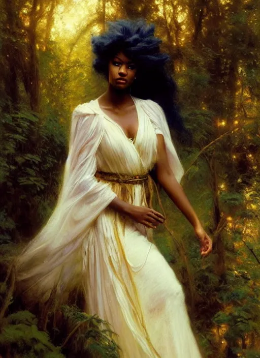 Image similar to a beautiful young black woman with long flowing hair in a flowing white gown in the forest, highly detailed painting by gaston bussiere, craig mullins, j. c. leyendecker 8 k