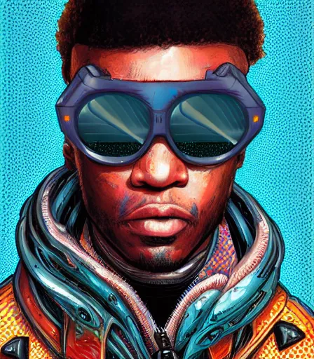 Prompt: hyper detailed comic illustration of a cyberpunk 50 Cent wearing a futuristic sunglasses and a gorpcore jacket, markings on his face, by Android Jones intricate details, vibrant, solid background, low angle fish eye lens