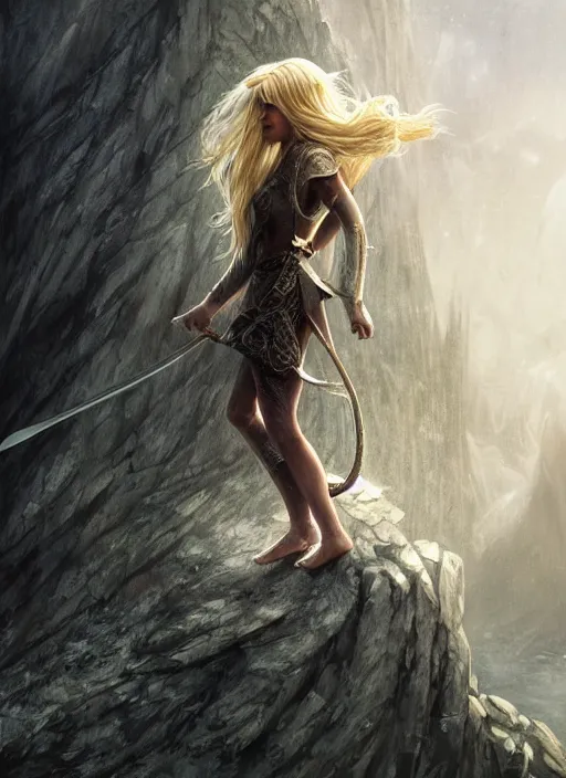 Image similar to A beautiful Norse Goddess with long flowing blonde hair standing on a ledge with a blade in hand, fantasy, intricate, elegant, highly detailed, D&D, digital painting, artstation, concept art, matte painting, sharp focus, illustration, extremely moody lighting, glowing light and shadow, atmospheric, shadowy, cinematic, in the style of Greg Rutkowski and artemisia gentileschi and Alphonse Mucha