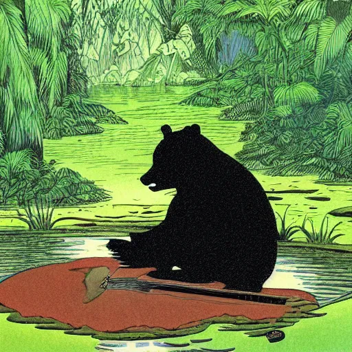 Image similar to a bear wearing a black hat, sitting in a pond in a lush jungle playing a guitar, drawing by moebius