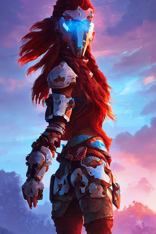 Image similar to combination suit armor aloy horizon forbidden west horizon zero dawn radiating a glowing aura global illumination ray tracing hdr fanart arstation by ian pesty and alena aenami artworks in 4 k tribal robot ninja mask helmet backpack