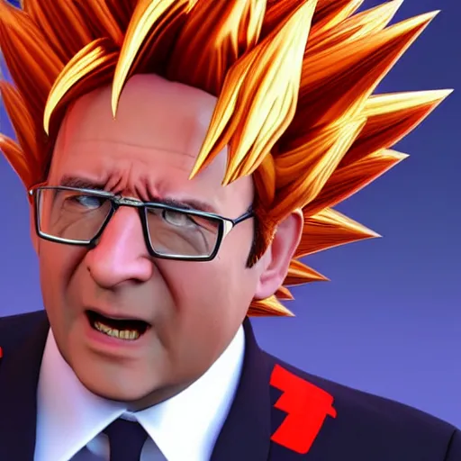 Image similar to François hollande with super saiyan hair charging up for a kamehameha, artstation, octane render, highly detailed