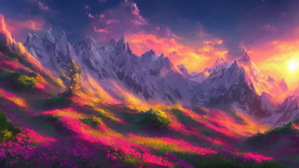 Prompt: a flowery unreal mountain scenery, sunset, cartoon, cute, artstation, digital art.