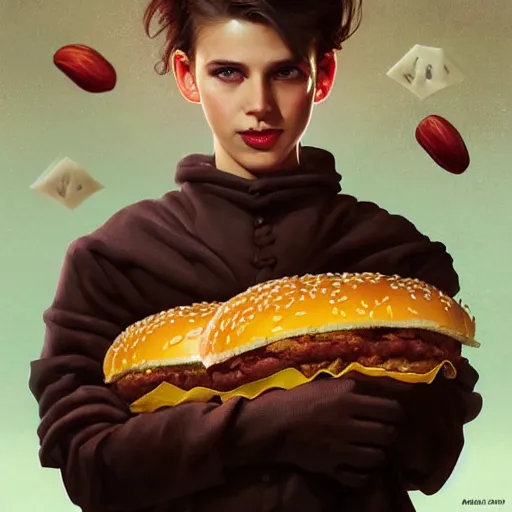 Prompt: portrait of batboy eating hamburgers, extra onions and ketchup, luscious patty with sesame seeds, feminine ethereal, handsome, d & d, fantasy, intricate, elegant, highly detailed, digital painting, artstation, concept art, matte, sharp focus, illustration, art by artgerm and greg rutkowski and alphonse mucha