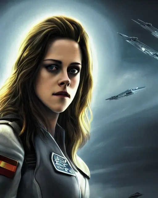 Prompt: kristen stewart ( from twilight ) portraying a beautiful jaina solo from star wars legends, beautiful kristen stewart jaina solo as a rogue squadron pilot, without lightsaber, movie, hyper realistic, hollywood promotional image, imax, 8 k