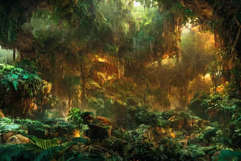 Image similar to the most amazing dream you ever had about subterranean jungle, hyper realistic, ambient lighting, concept art, intricate, hyper detailed, smooth, dynamic volumetric lighting, octane, cinematic