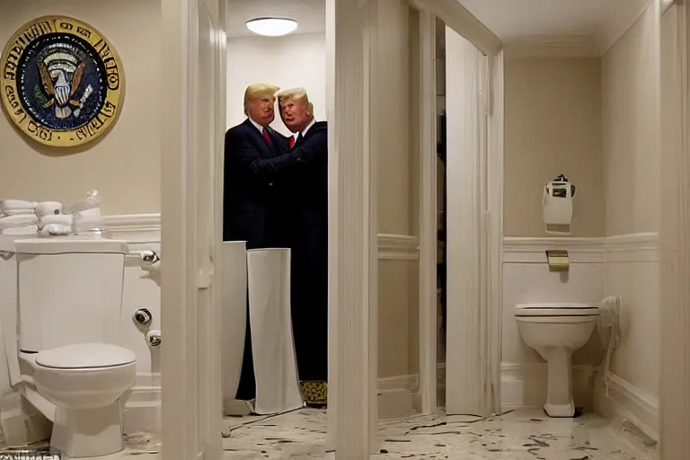 Prompt: Donald Trump visibly pouts as his bathroom is raided by many federal agents, raided by feds, panicking, golden toilet, Highly detailed, Cinematic, photorealistic, Realistic, detailed.