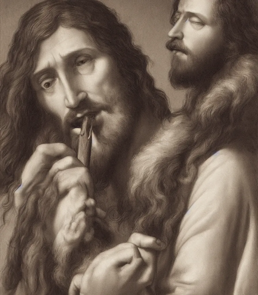 Image similar to a perfect portrait picture of jesus smoking a joing by leonadro da vinci, high resolutoion, artstation