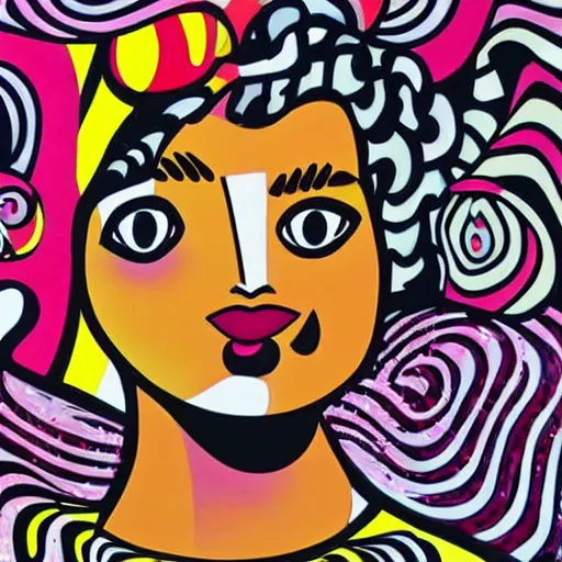 Image similar to Street art. A beautiful illustration of a young girl with long flowing hair, looking up at the stars. She appears to be dreaming or lost in thought. by Lee Krasner, by Romero Britto balmy