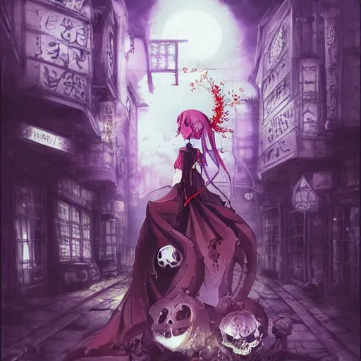 Prompt: an anime about a demonic skull character, 9 peacock tails, magical mage robes and walking through an empty street alone at night, halloween decorations, anime, side profile, peaceful, vhs, art by yuji ikehata