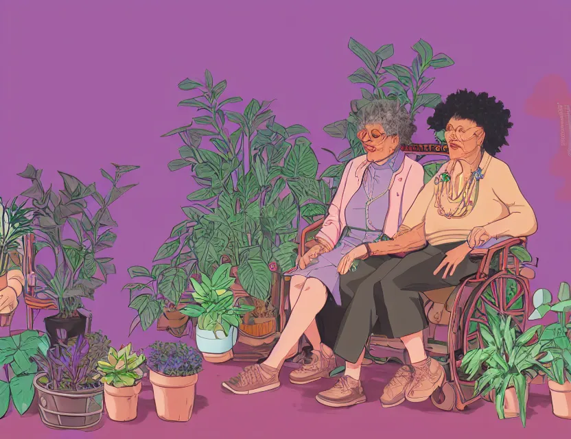 Prompt: elderly lesbian multiracial couple in steampunk vaporwave train with potted plants. complementary colors, gouache, indie concept art, bloom, chiaroscuro, backlighting, intricate details.