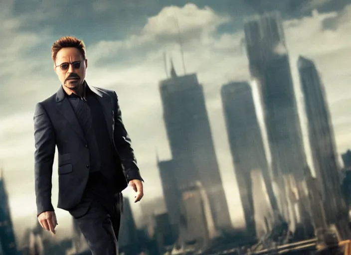 Image similar to film still of Robert Downey Jr as Cobb with the world bending in the background in Inception, 4k