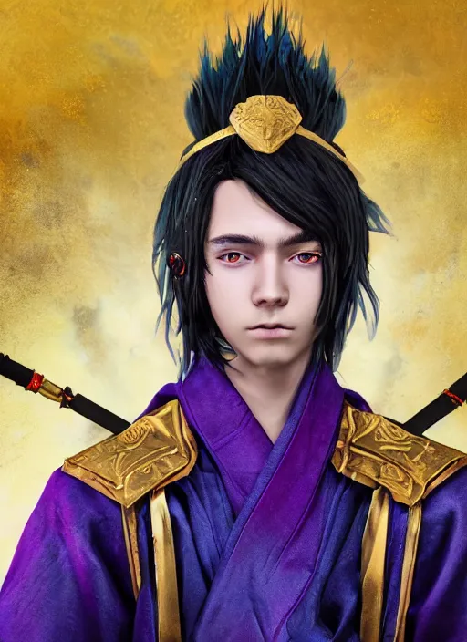 Image similar to An epic fantasy comic book style portrait painting of teenager boy with straight indigo hair, purple eyes with red eye markers, slim body, wearing a detailed Japanese kimono with golden armor pieces, holding a pair of fans. Unreal 5, DAZ, hyperrealistic, octane render, cosplay, RPG portrait, dynamic lighting