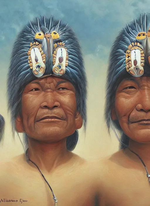 Prompt: faces of indigenous amazonian grandfathers and grandmothers spirits in the clouds, smiling, protection, benevolence, ancestors, detailed faces, symetrical, religious painting, art by christophe vacher and alez gray