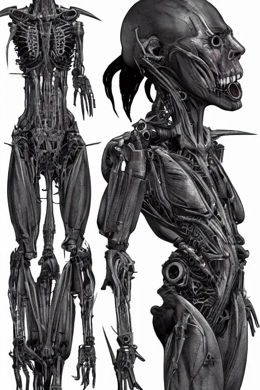 Prompt: cyborg vampire with gunmetal grey skin, medical anatomy, very symmetrical face, highly detailed, mecha, three - perspective / three - view reference sheet ( front / back / side ), in the style of dan ouellette, hr giger, sil from species, dren from splice, biomechanical, artstation, unreal engine