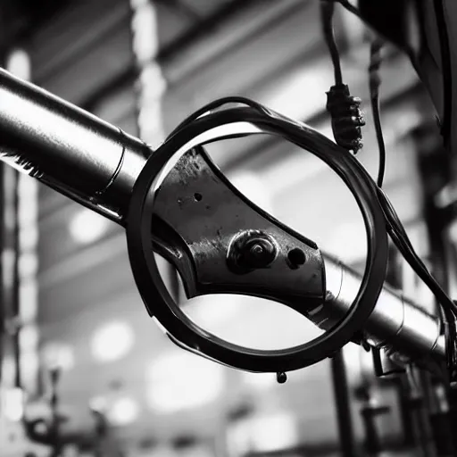 Prompt: close up of gleaming black metal factory servo arm, robotic equipment, decals, black and white, render, hard surface model, burnished metal, reflection, factory, hangar, beautiful, sharp focus, depth of field, ue 4, ue 5, unity hdrp