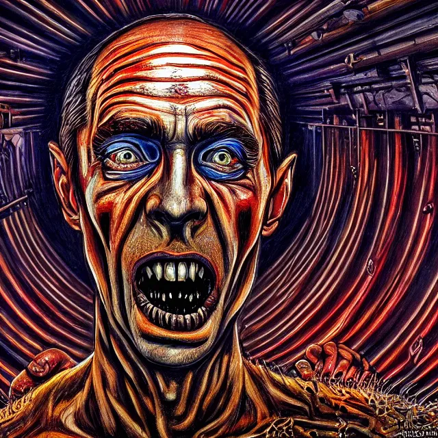 Prompt: corpse of putin, prison, justice, hyper - realistic, sharp focus, depth of field, hyper - detailed visionary art, symmetric, hell, holy halo, dramatic ambient lighting, high detail, vibrant colors, the thing 1 9 8 2
