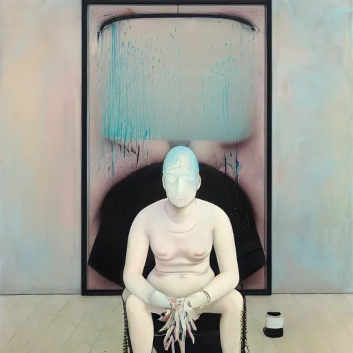 Image similar to portrait of a morphed gamer sitting on a stool looking into a mirror doing makeup by james jean and luc tuymans and beeple and hernan bas and pat steir and hilma af klint, psychological, 3 d, dripping paint, monochrome, high quality render, masterpiece