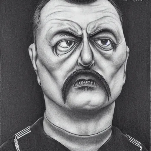 Image similar to Portrait by H.R.Giger of Igor Ivanovich Strelkov very degraded Abomination, photo-realistic, 2K, highly detailed, bodyhorror