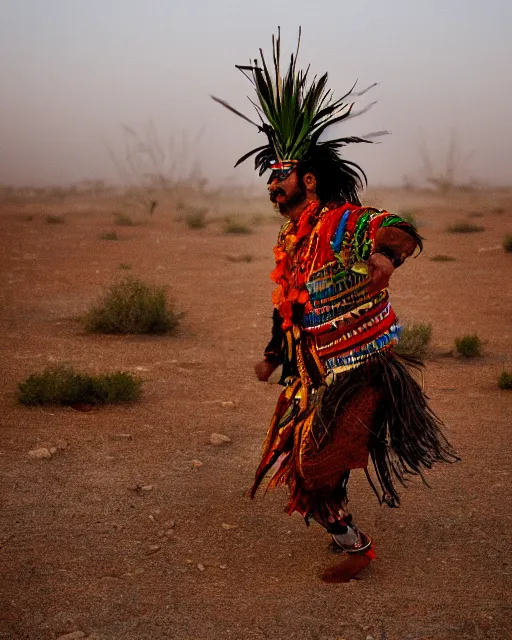 Image similar to tribal chaman dancing as vegetation and flowers grows up around him on the dry desert with cracked soil with fog, epic photography, sunset lighting , 8k