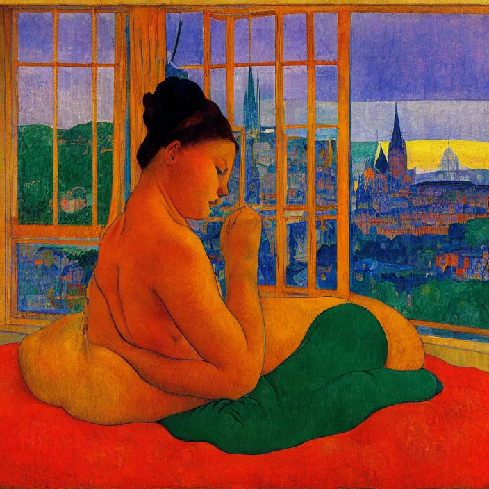 Image similar to close portrait of woman sitting on the bed with orange cat and aloe vera, with city with gothic cathedral seen from a window frame with curtains. sun setting through the clouds, vivid iridescent psychedelic colors. gauguin, agnes pelton, egon schiele, henri de toulouse - lautrec, utamaro, monet