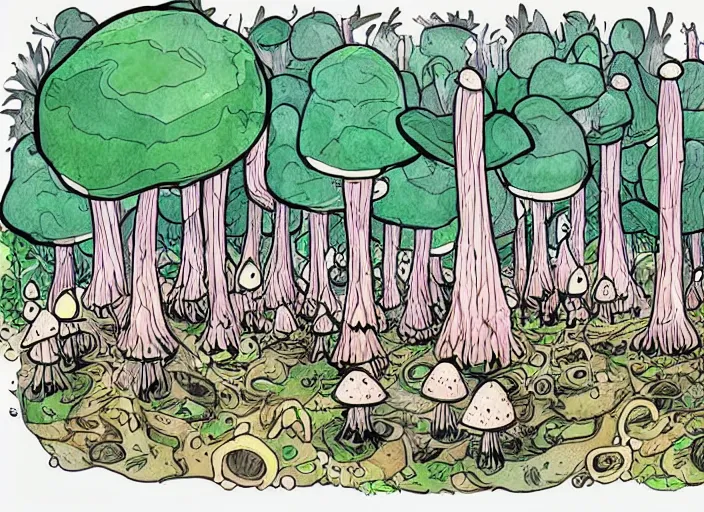 Prompt: illustration of a mushroom forest landscape, (inktober), line art, ((water color)), by Bill Waterson, By Jake Parker, by Brian Kesinger