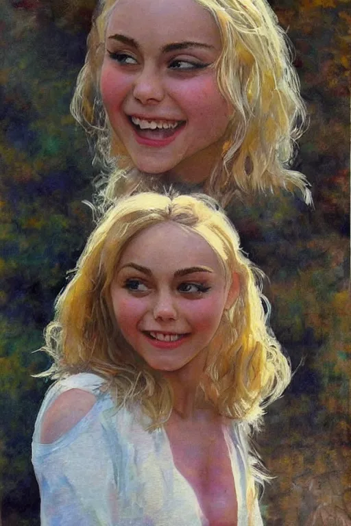 Image similar to Annasophia Robb cute surprised, shocked, eyes closed, bliss, highly detailed, painted by John Singer Sargant, Frank Frazetta