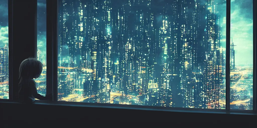 Image similar to overlooking on night city cyberpunk from floor to ceiling window, one little girl, beautiful hair at the back, looking out the window, liminal, cinematic, dreamscape