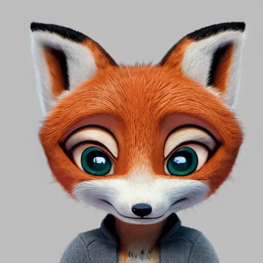 Image similar to upper half portrait of a anthropomorphic female fox with short white fur covering her body in the style of zootopia, top down view, centered on face, completely white