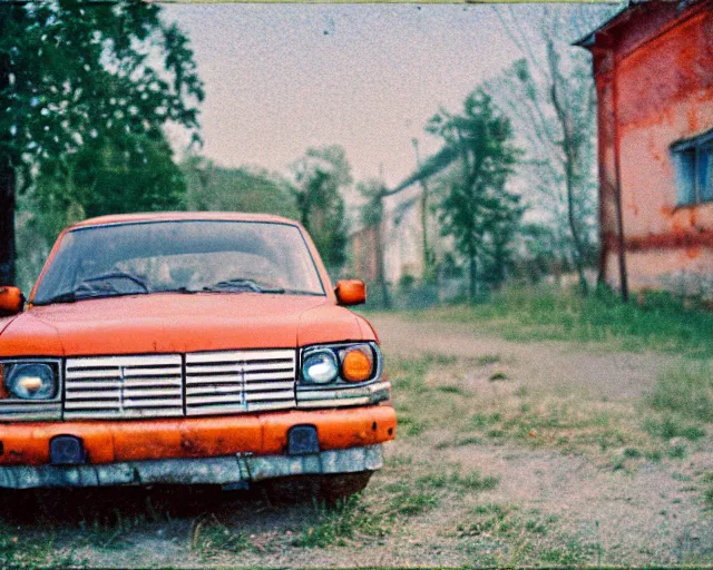 Image similar to a lomographic photo of old lada 2 1 0 7 standing in typical soviet yard in small town, hrushevka on background, cinestill, bokeh