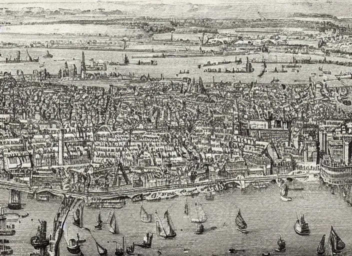 Prompt: detail from Hollar’s Panoramic view of London, 1647