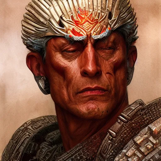 Prompt: ripped physique portrait Man wearing nanotech headcrest as Quetzalcoatl spirit god emperor of tenochtitlan Citadel brad rigney norman rockwell ruan jia greg rutkowski tombow