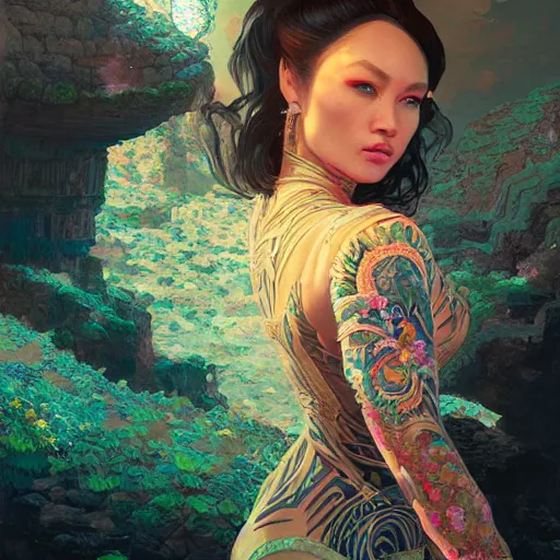 Image similar to feminine dwayne johnson in intricate clothing by ross tran, walking in a castle painted by sana takeda, rtx reflections, very high intricate details, digital anime art, medium shot, mid - shot, composition by ilya kuvshinov, lighting by greg rutkowski