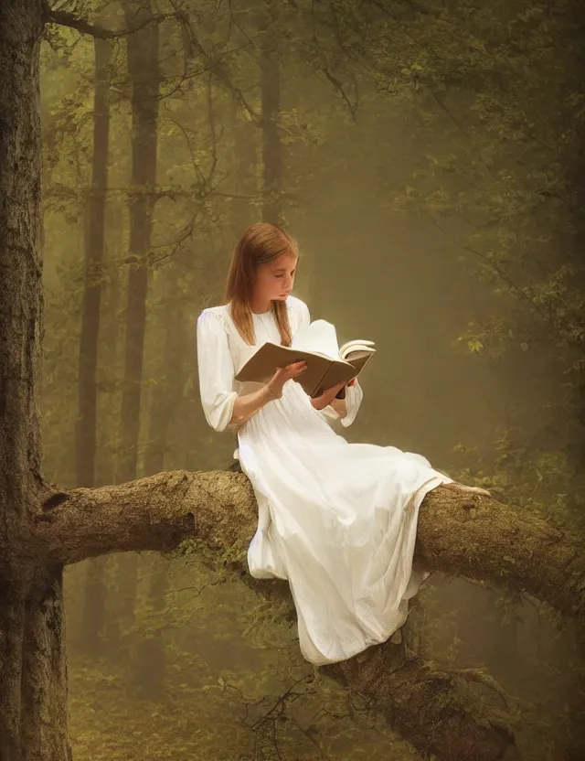 Image similar to peasant Girl in white reading a book sitting on a tree in a foggy forest, Cinematic focus, Polaroid photo, vintage, neutral colors, soft lights, by Steve Hanks, by Serov Valentin, by lisa yuskavage, by Andrei Tarkovsky 8k render, detailed, oil on canvas