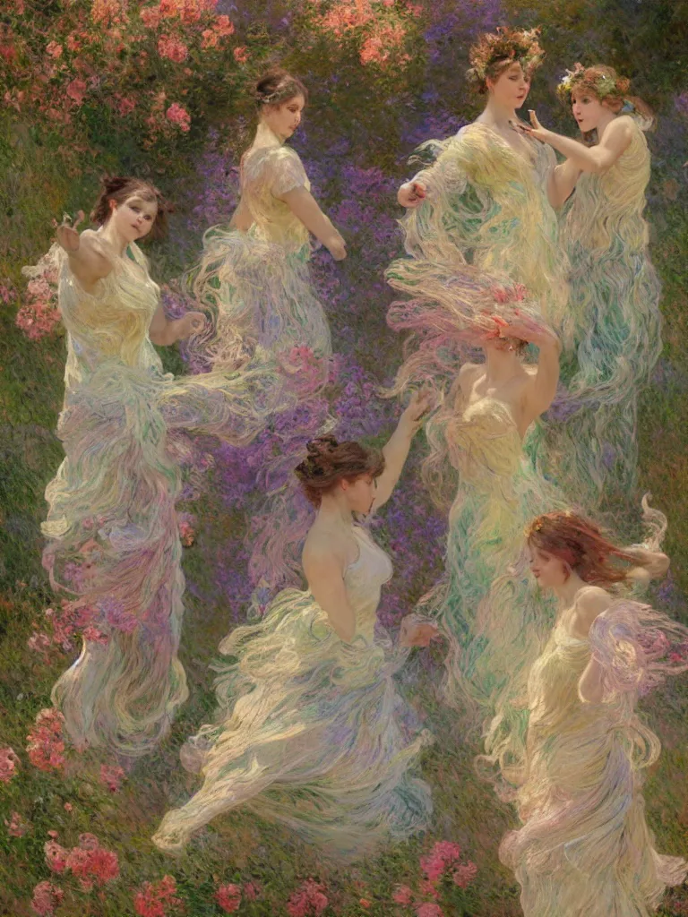 Image similar to illustration studio portrait of three beautiful seraphim female energy in artistic poses dancing in nature, monet painterly motives and textures pattern, hyper detailed, octane render, vivid colors, artstation, by jeremy mann, by alphonse mucha, by monet