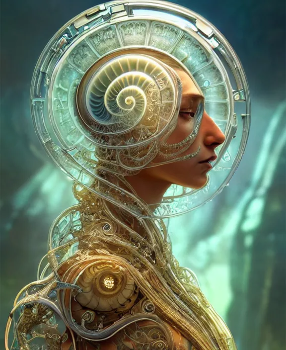 Image similar to intricate ornate opulent transparent clear see - through portrait of a cybernetic beautiful alien nautilus, mottled coloring, adorable, childlike, pastoral environment, ultra realistic, concept art, art nouveau, photorealistic, octane render, 8 k, unreal engine. art by christopher marley and artgerm and greg rutkowski and alphonse mucha